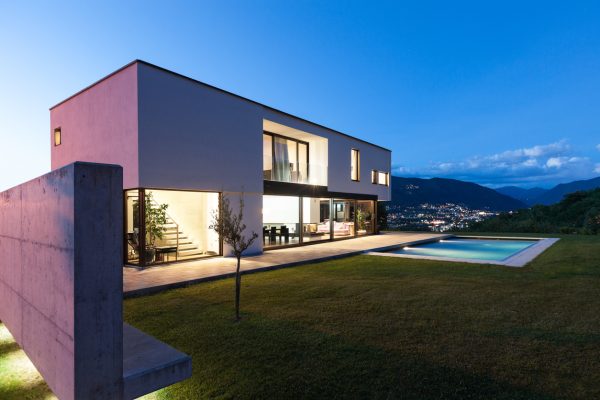 Modern villa with pool, night scene